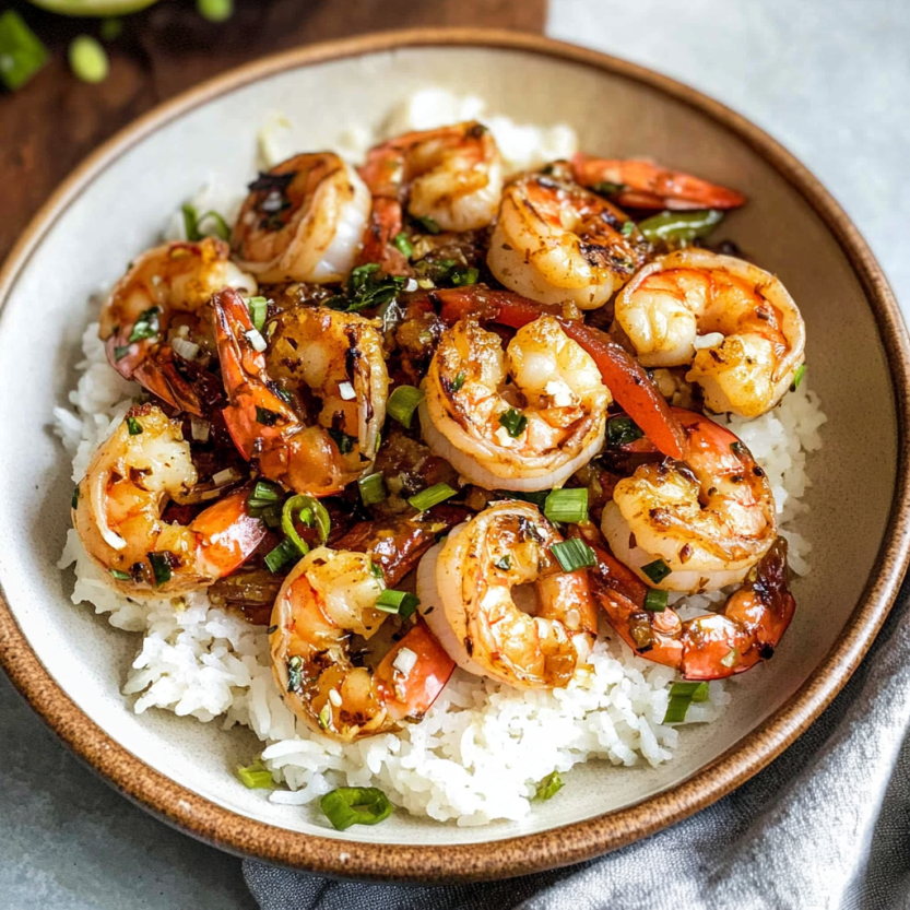 Une assiette de riz avec des moules de langoustine et des pousses de ciboulette.