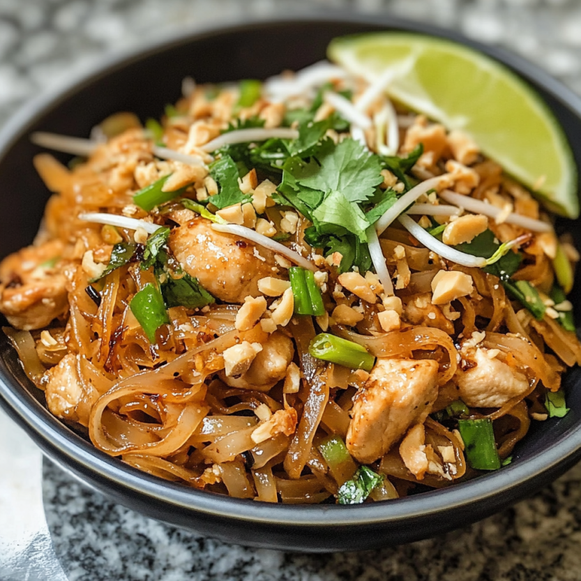 Une assiette de Pad Thai avec des légumes verts et des noix de coco.