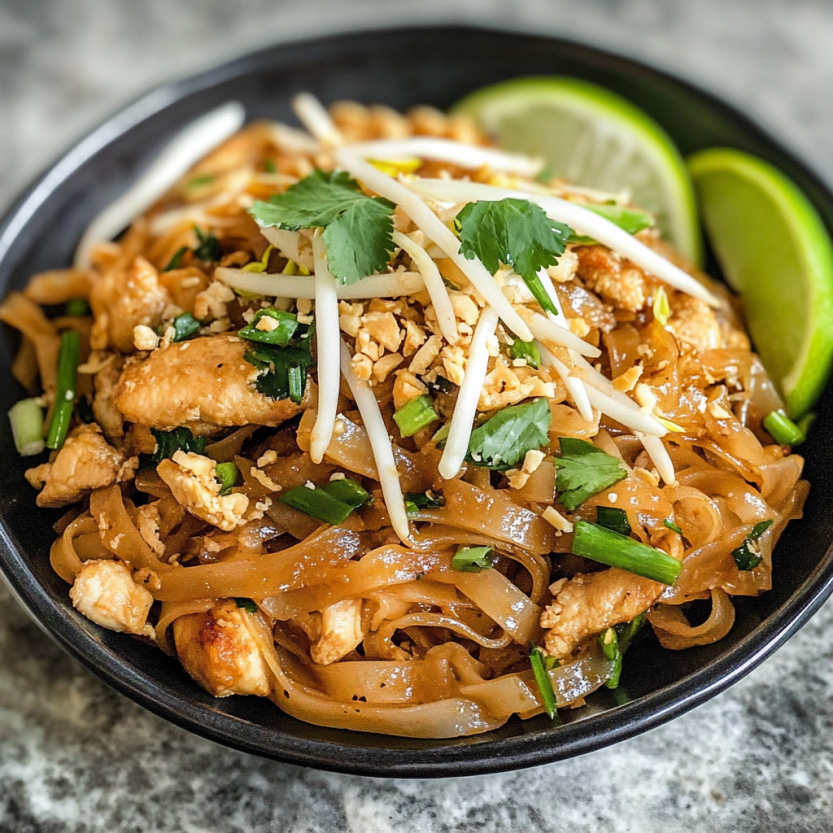 Une assiette de Pad Thai avec des légumes verts et des noix de coco.