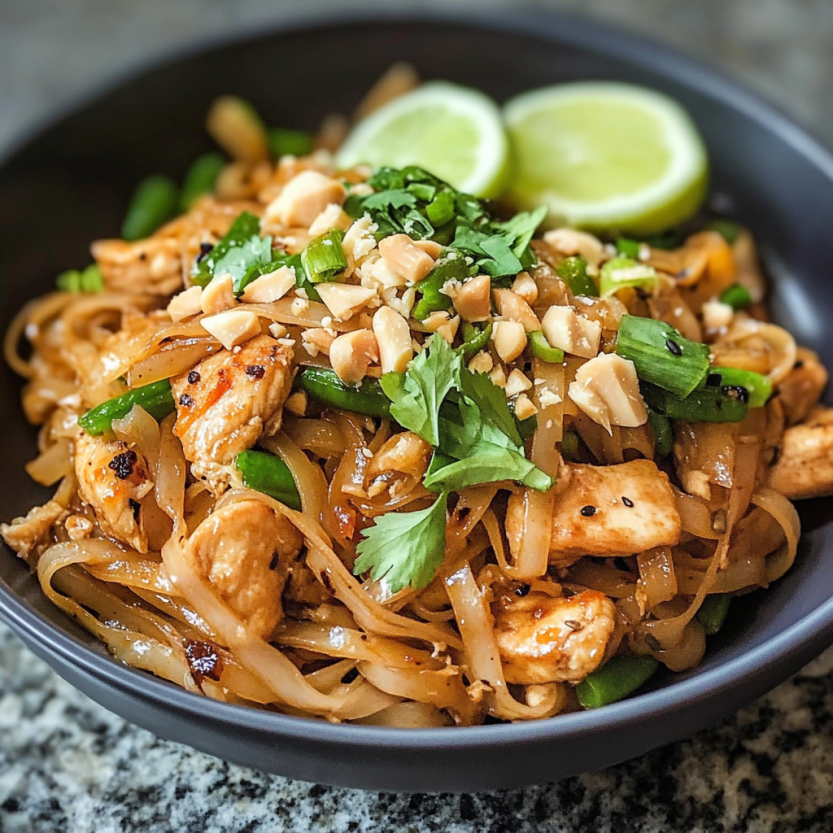 Une assiette de Pad Thai avec des légumes verts et des noix de coco.