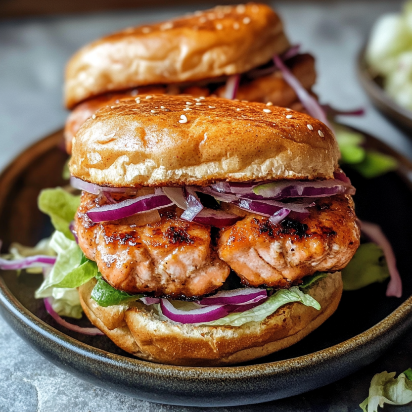 Salmon burgers sur un plateau.