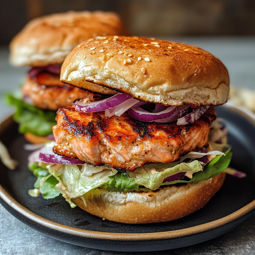 Salmon burgers sur un plateau.