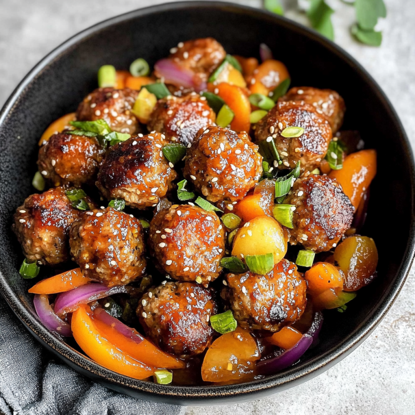 Une assiette de Sweet and Sour Meatballs.