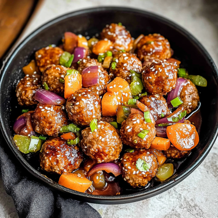 Une assiette de boulettes de viande sucrée et aigre-douce.