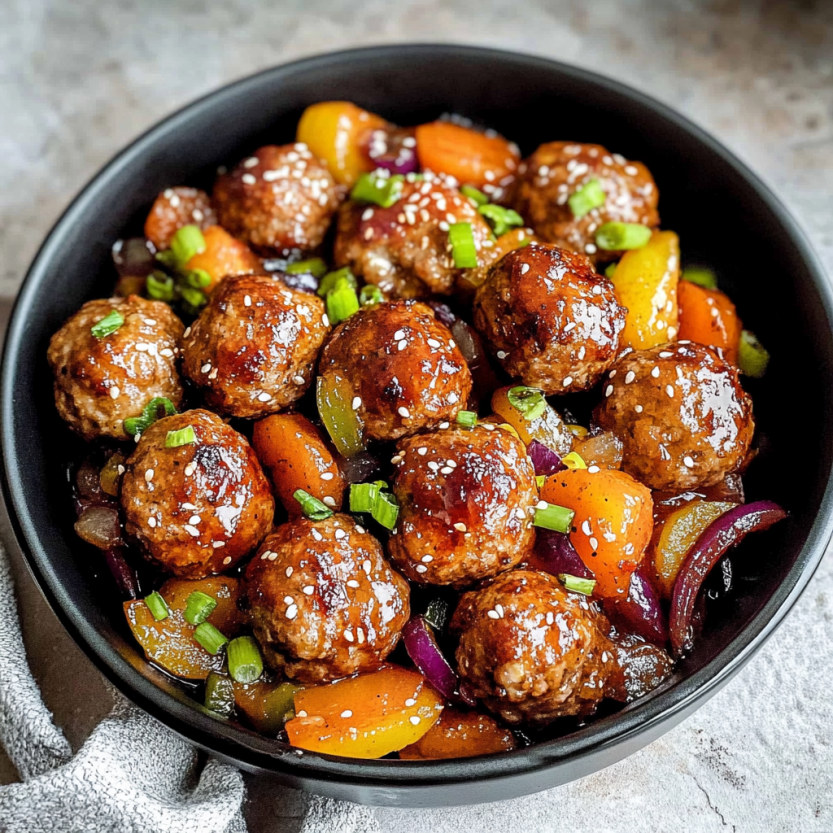 Une assiette de boulettes de viande sucrée et aigre-douce.
