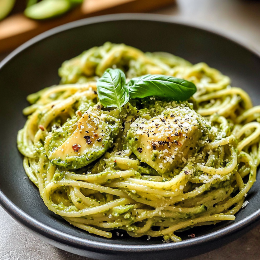 Une assiette de spaghetti avec des herbes vertes et des légumes verts.