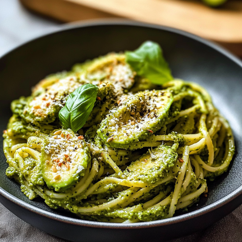 Une assiette de spaghetti avec des avocats et des herbes vertes.