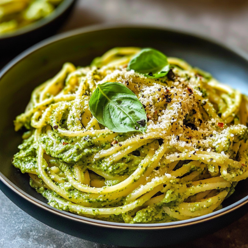 Une assiette de spaghetti avec des feuilles de basilic et des herbes vertes sur le dessus.