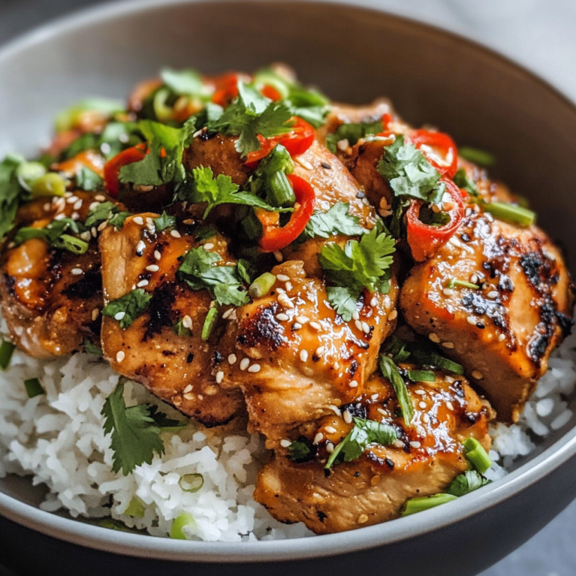 Une assiette de poulet grillé avec des herbes vertes et des épices.