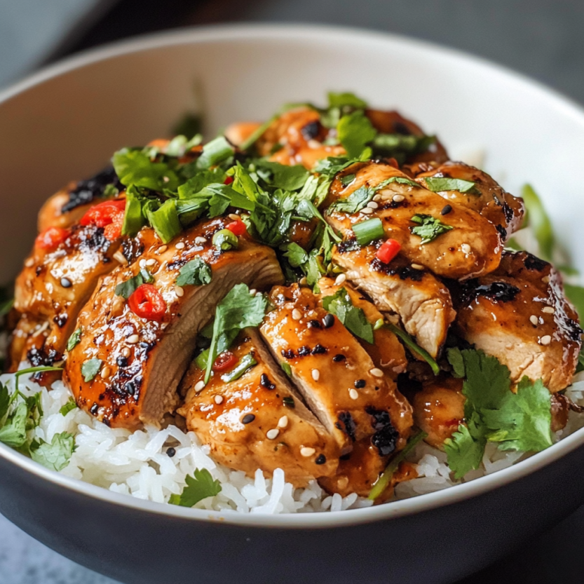 Un plat de poulet grillé avec des herbes vertes et des grains de riz.