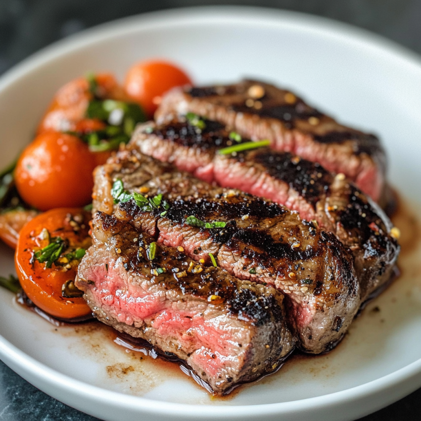 Une viande rouge de bœuf grillée, avec des légumes verts et des tomates.