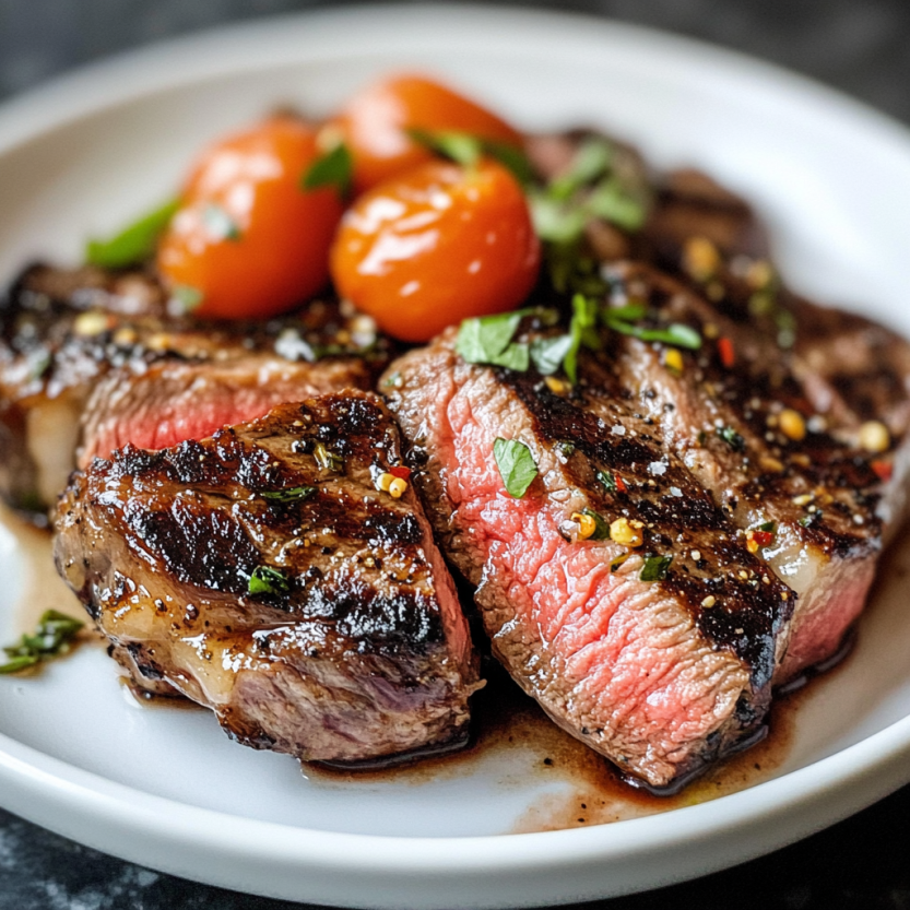 Une portion de steak de bœuf grillé avec des légumes verts.