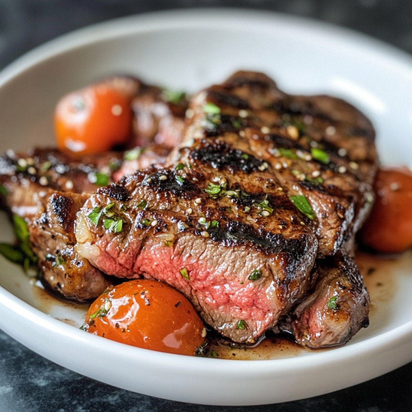 Une portion de viande de bœuf grillée avec des légumes.