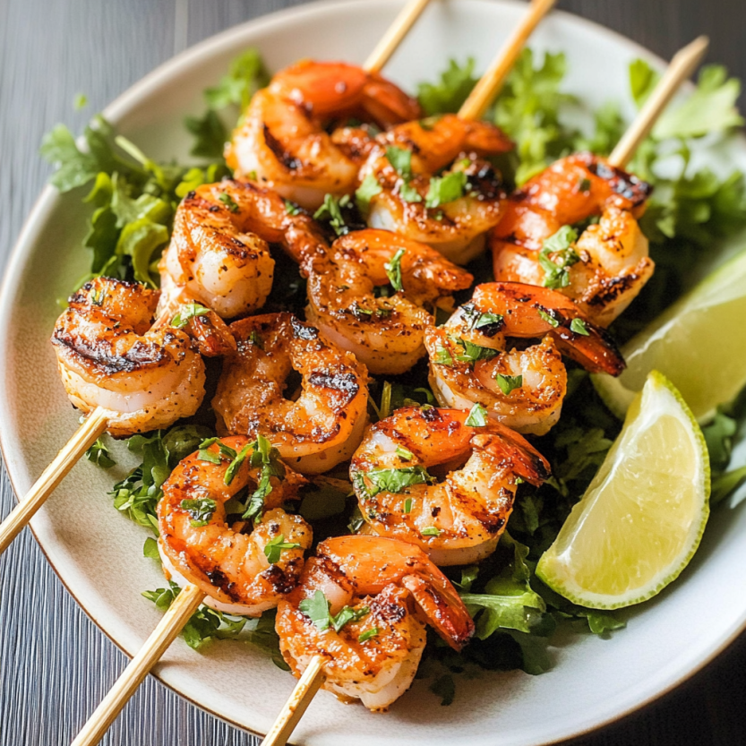 Une assiette de grilled Cajun shrimp skewers avec des légumes verts.