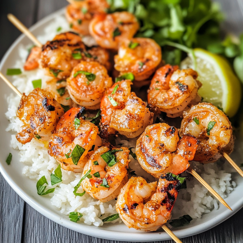Plate of grilled Cajun shrimp skewers with rice and a lemon wedge.