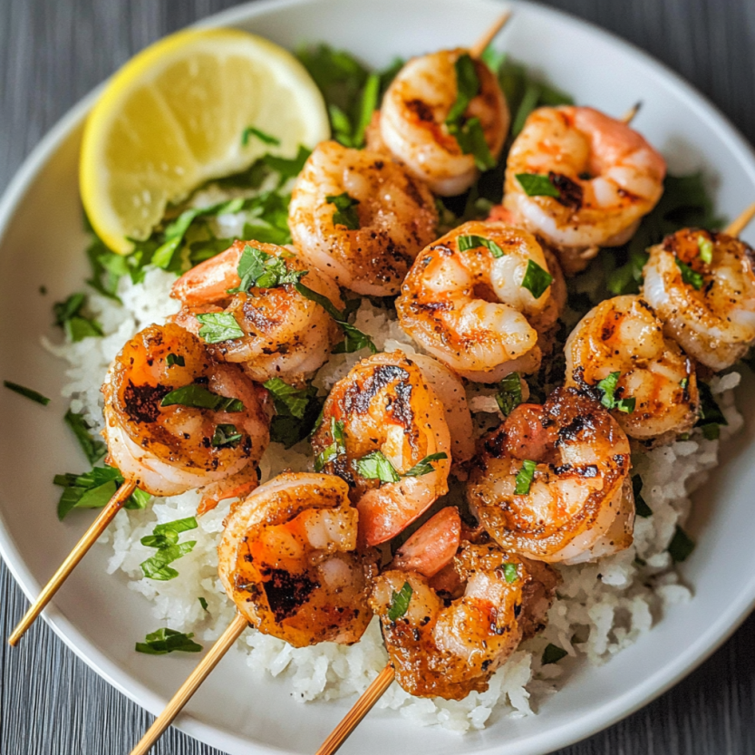 Une assiette de grilled Cajun shrimp skewers avec des légumes verts.