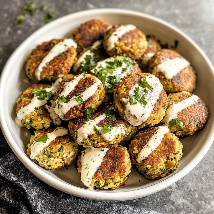 A bowl of meatballs with a white sauce.
