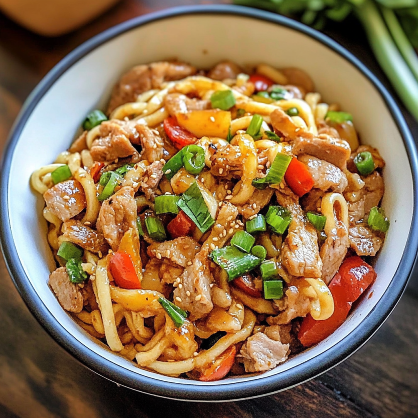 Une assiette de spicy pork noodles.