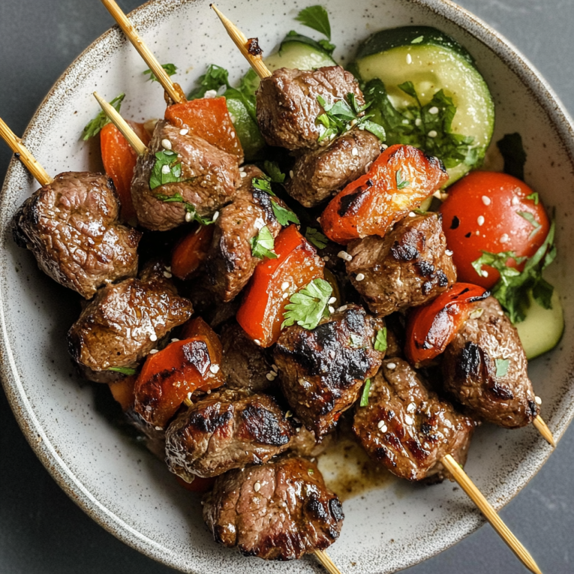 Souvlaki beef shish kebabs.