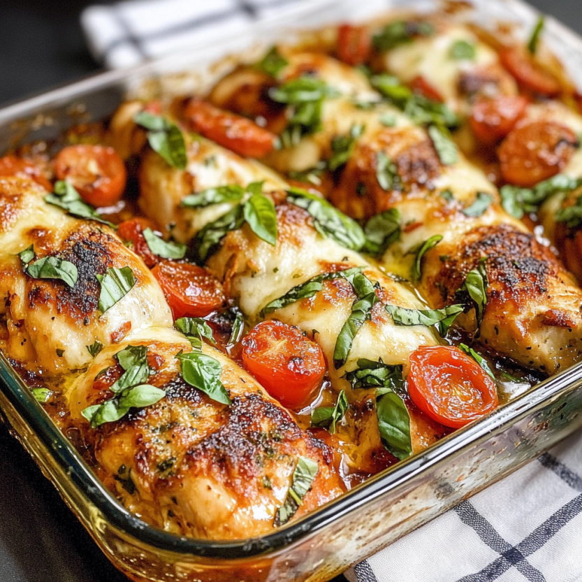 Un plat de chicken baked avec des tomates et des herbes.