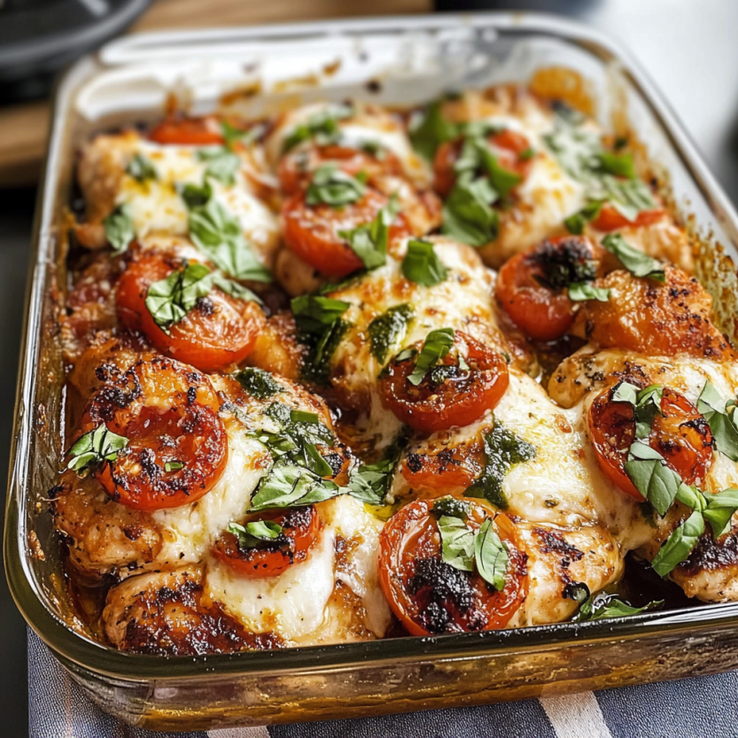 Une casserole contenant des chicken Caprese baignés dans une sauce tomate et basilic.