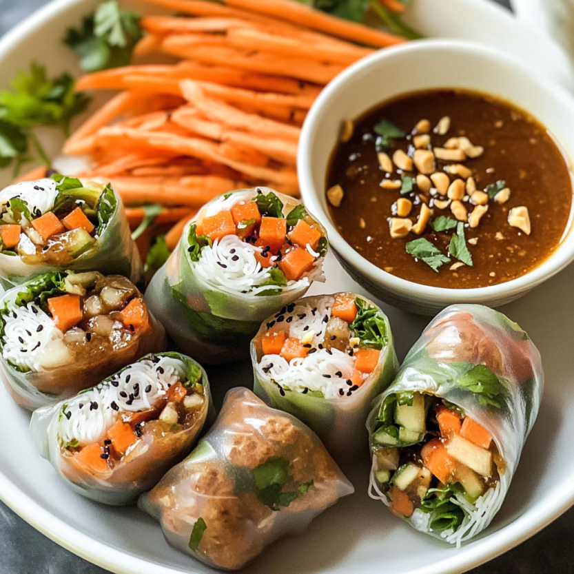 Plate of Vietnamese salad rolls with shrimp and peanut dipping sauce.