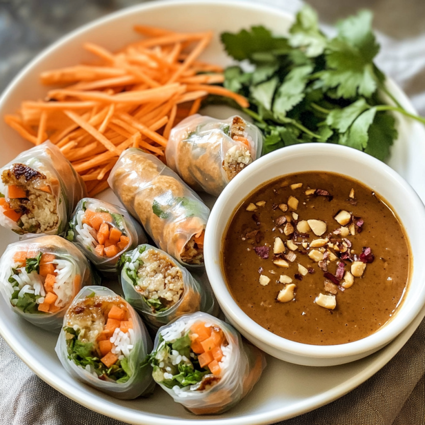 Plate of Vietnamese Salad Rolls with Shrimp and Peanut Dipping Sauce.