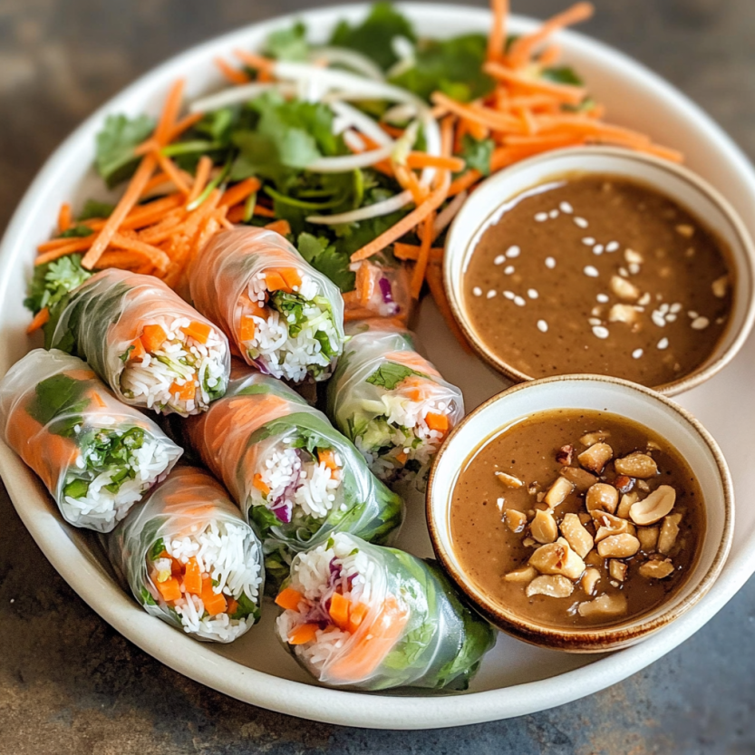 Plate of Vietnamese Salad Rolls with Shrimp and Peanut Dipping Sauce.