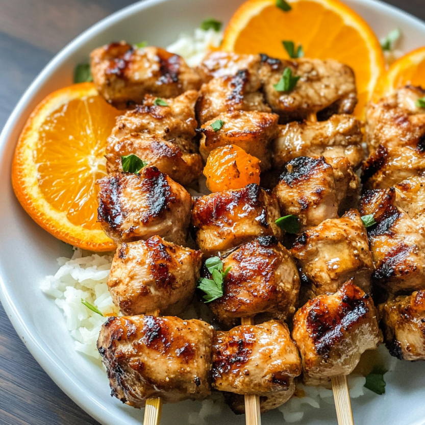Une assiette de grilled orange chicken skewers avec des oranges et des herbes vertes.