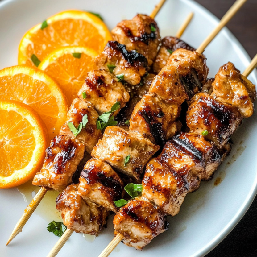Des brochettes de poulet grillé avec des oranges.