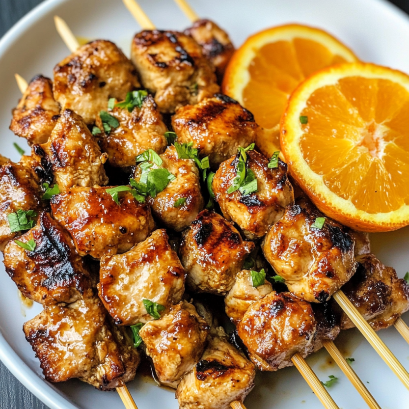 Des brochettes de poulet grillé avec des citrons.