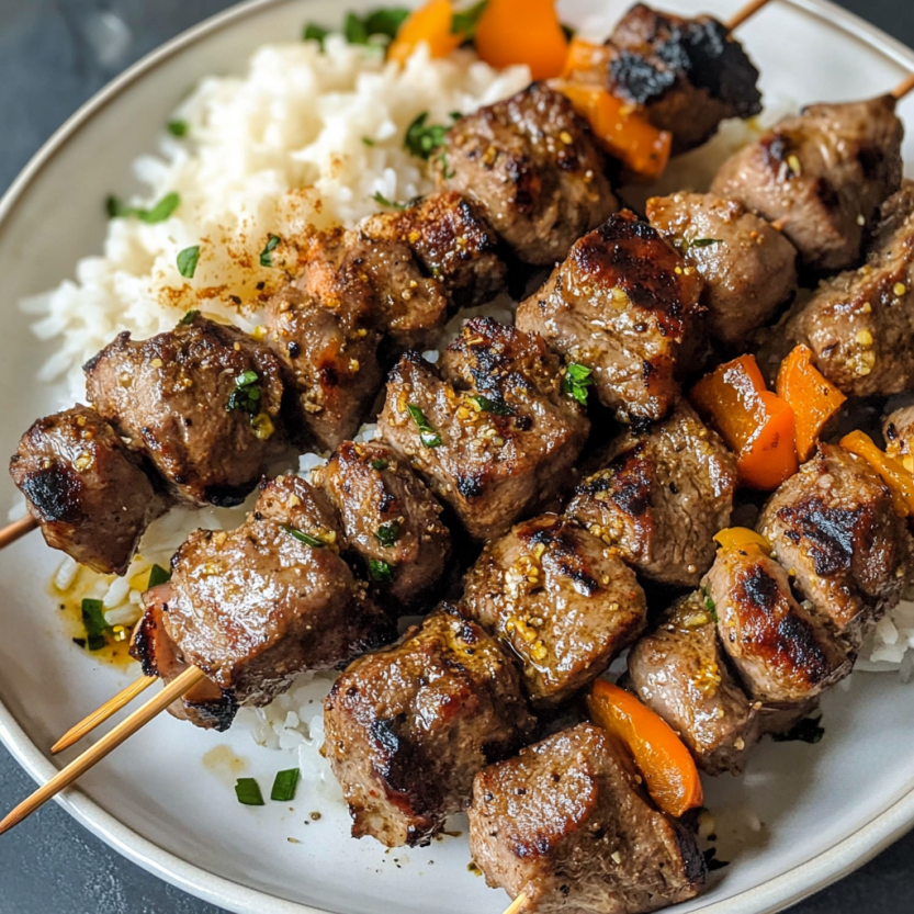 Des brochettes de viande de mouton avec des épices, telles que le cumin, et des légumes comme des carottes et des oignons.