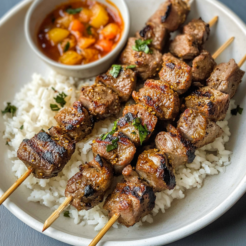 Plate of meat skewers with a bowl of sauce.