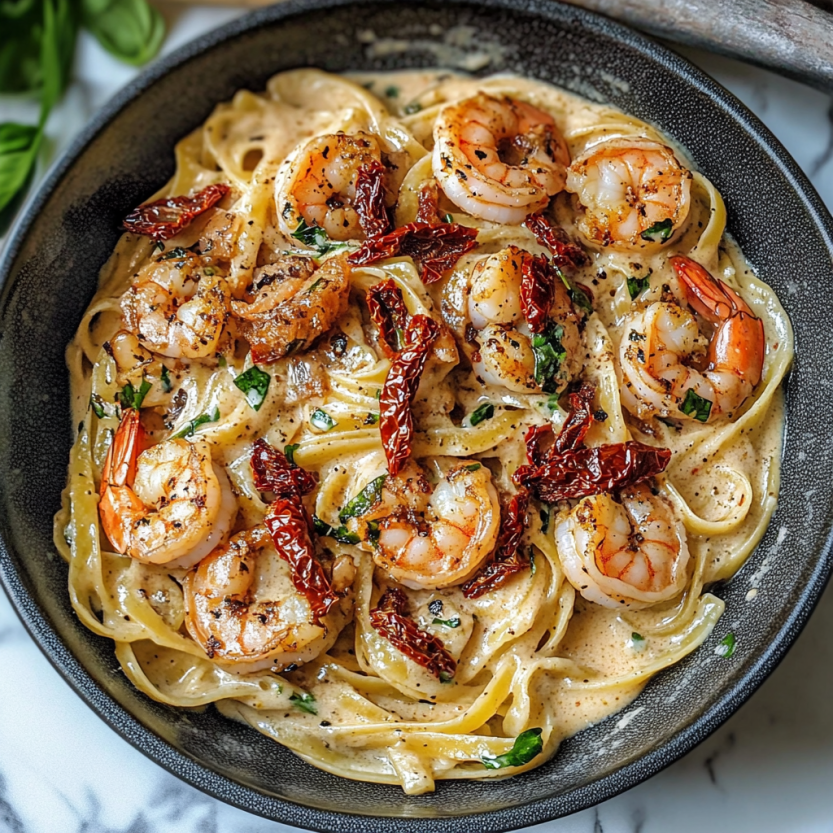 Une assiette de spaghetti avec des tomates séchées et des langoustines.