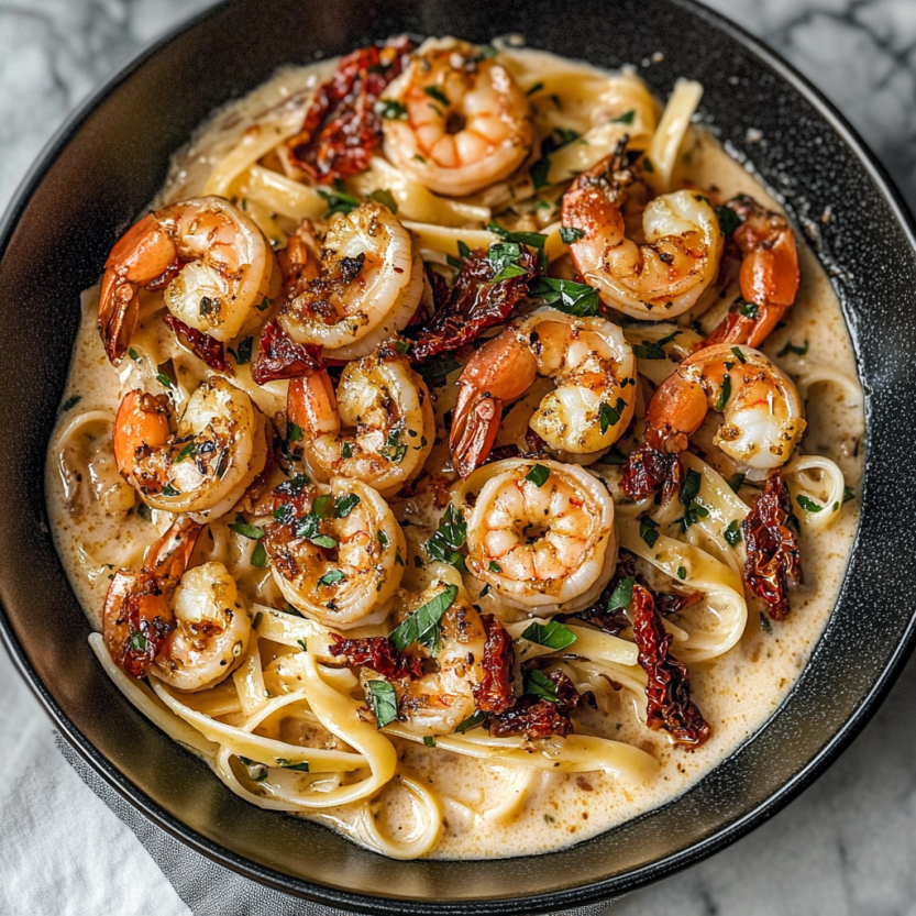 Une assiette de creamy shrimp pasta avec des tomates séchés.