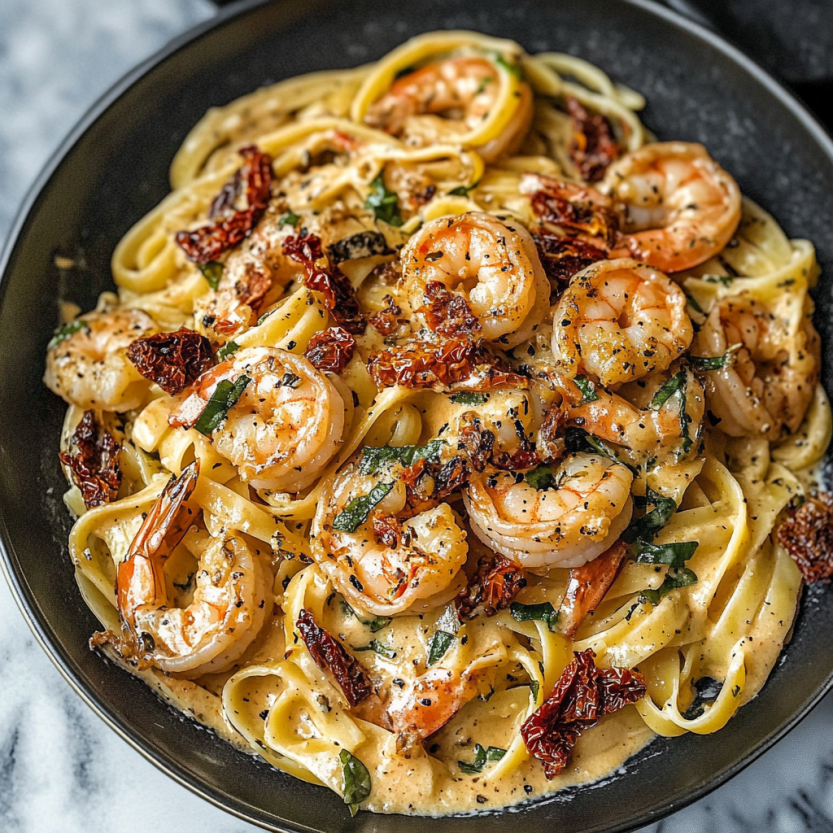 Une assiette de spaghetti à la creme avec des tomates séchés au soleil.