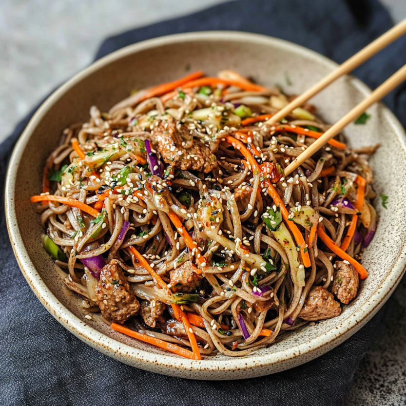 Une salade de noodles soba veganes.