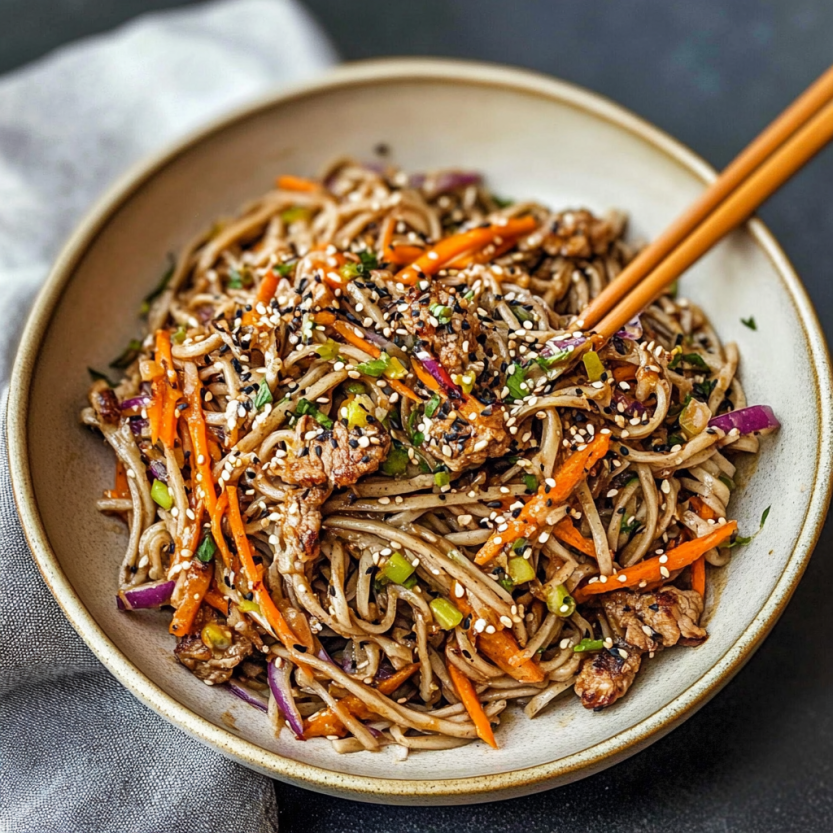 Une assiette de noodles de soba avec des légumes verts et des carottes.