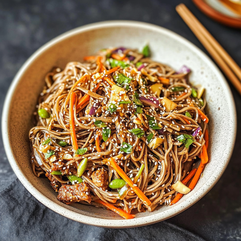 Une salade de noodles soba veganes.