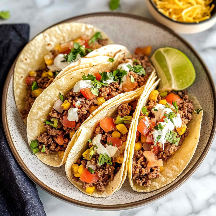 Plate of Mexican ground beef tacos.