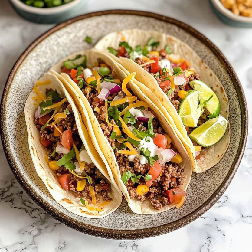 Des tacos mexicains avec des ingrédients tels que des tomates, des oignons, des épinards, des avocats, des limes et des chiles.