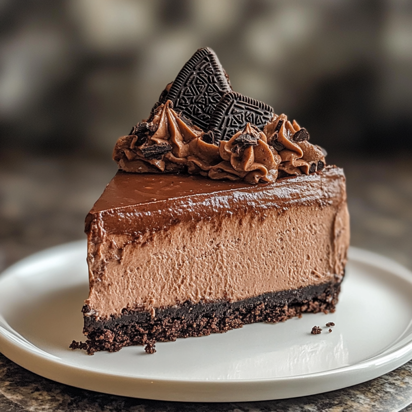 Une tarte triple chocolat avec des biscuits Oreo sur le dessus.