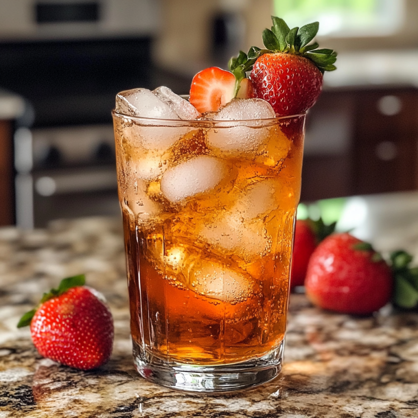 Un verre rempli de Strawberry Dirty Sprite sur une table.