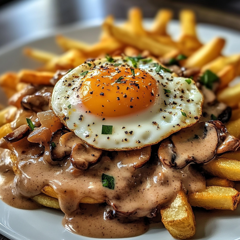 Une pile de frites avec une omelette sur le dessus.