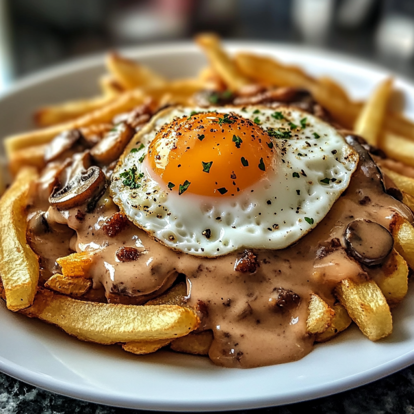 Une assiette de frites avec une omelette et une sauce mushroom.