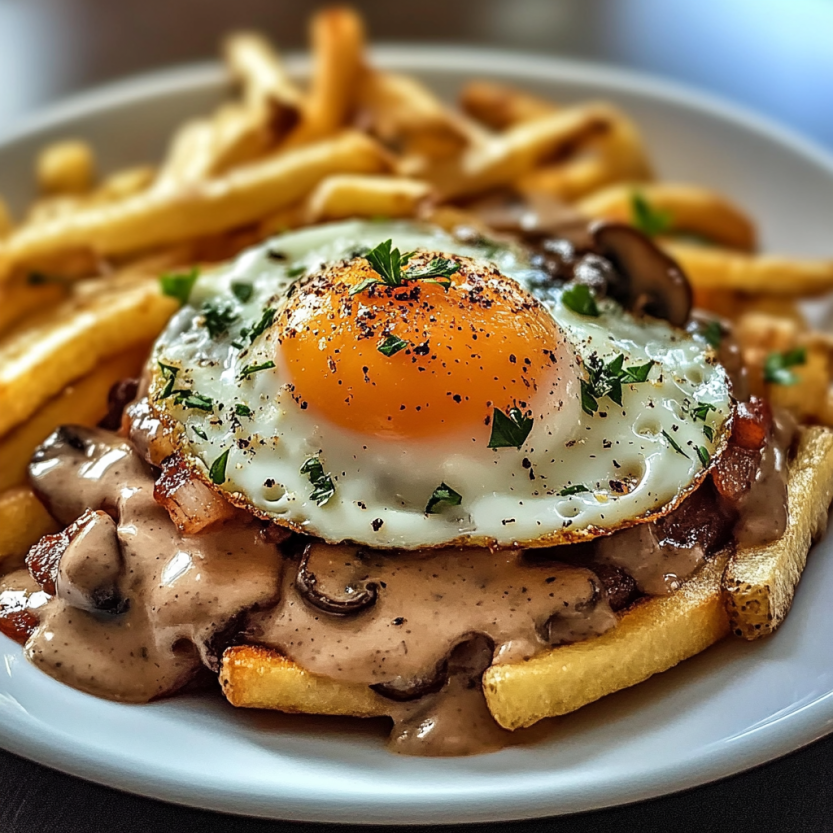Une assiette de frites avec un oeuf entier au centre, sauce mushroom et sauce au bacon.