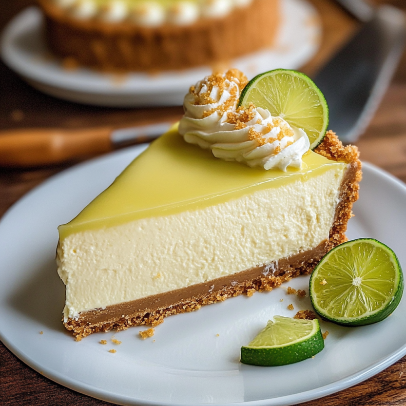 Une tartine de cheesecake avec des limes.