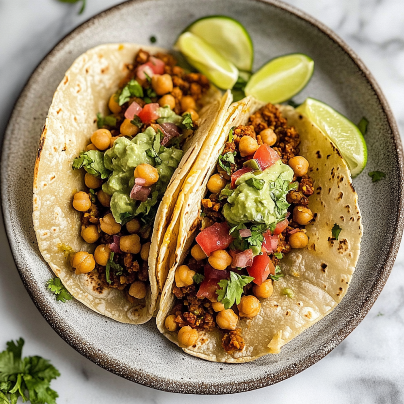 Des tacos veganes avec des chickpeas et des limes.