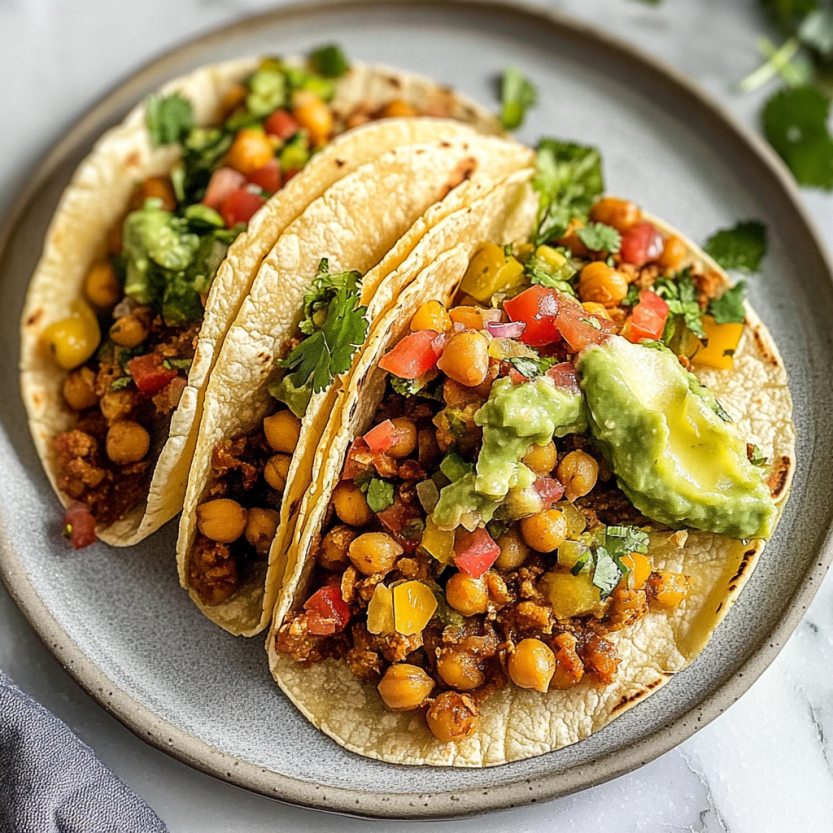 Des tacos veganes avec des chickpeas et des tomates.