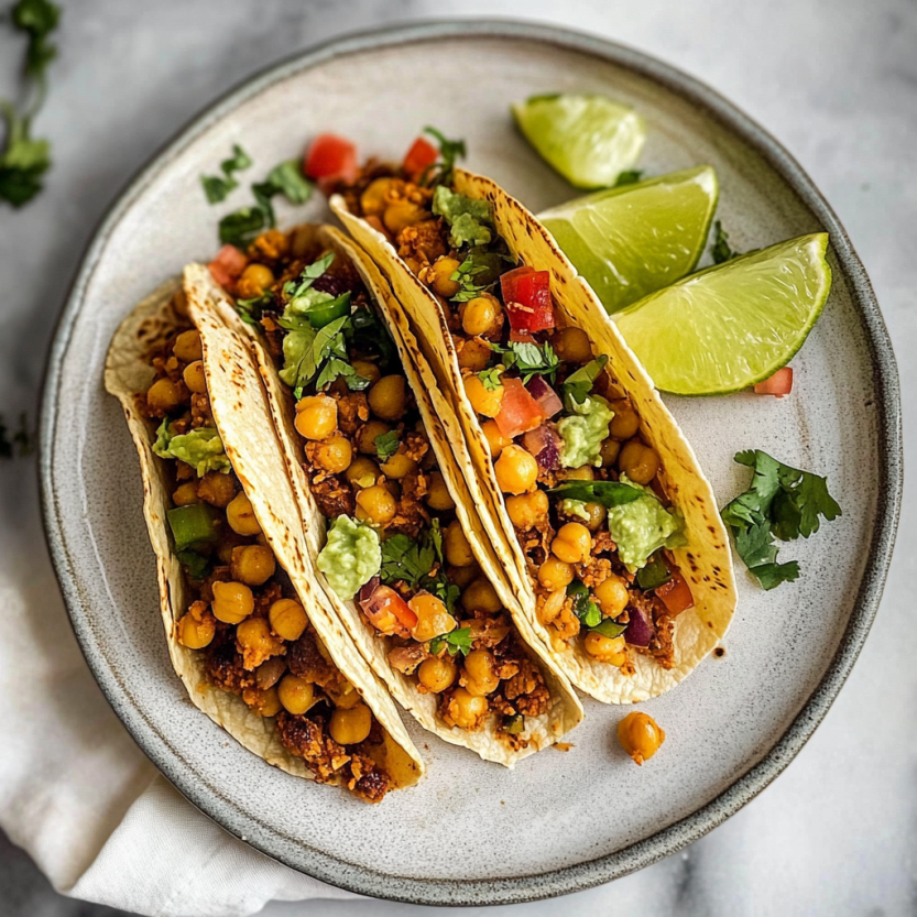 Des tacos veganes avec des chickpeas et des tomates.